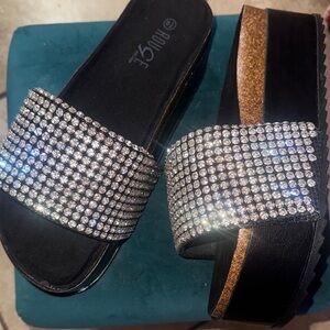 Rouge! Black and Gold Rhinestone Platform Slides